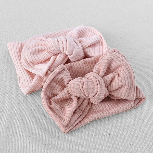 Ribbed Top Knot Flat Bow Headband (Light Pink, Dusty Pink), Newborn / Baby