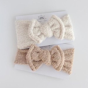 Teddy Bear Top Knot Bows (Fuzzy Neutrals - Ivory & Brown), Newborn / Baby Headband Wraps