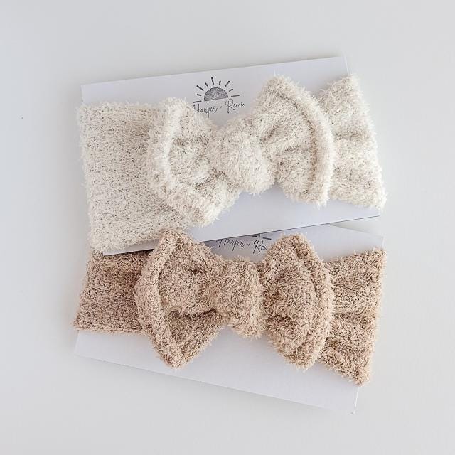 Teddy Bear Top Knot Bows (Fuzzy Neutrals - Ivory & Brown), Newborn / Baby Headband Wraps
