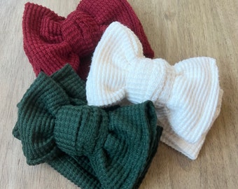 Fuzzy Sweater Waffle Oversized Bow Headband Wrap (Winter Bundle - Red, Green, Winter Cream), Newborn / Baby