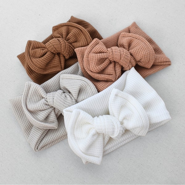 Waffle Top Knot Flat Bow Headband (Neutral - White, Sand Tan, Caramel Brown, Mocha Brown), Newborn / Baby