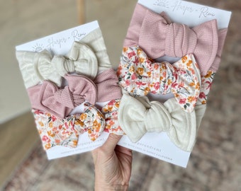 Newborn / Baby Bows, Oversized or Top Knot Options (Spring Bundle - Watercolor Floral Ribbed, Dusty Pink Waffle, Cream Wide Ribbed)