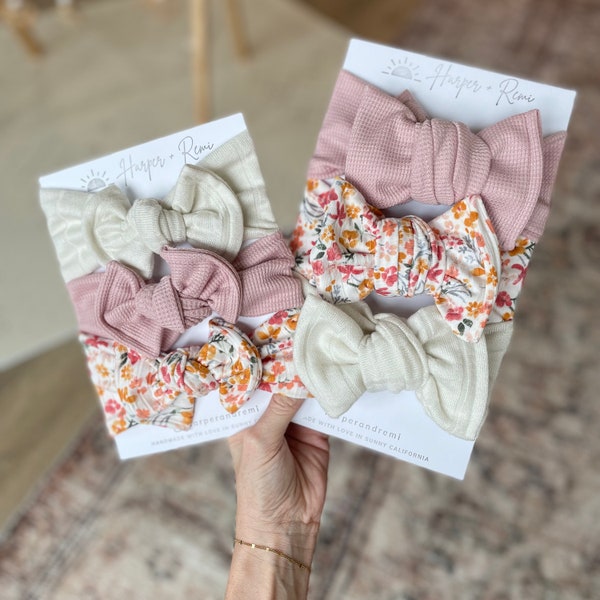 Newborn / Baby Bows, Oversized or Top Knot Options (Spring Bundle - Watercolor Floral Ribbed, Dusty Pink Waffle, Cream Wide Ribbed)