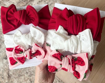Newborn / Baby Bows, Oversized or Top Knot Options (Summer Bundle - Strawberry Print, Red Bullet, White Eyelet)