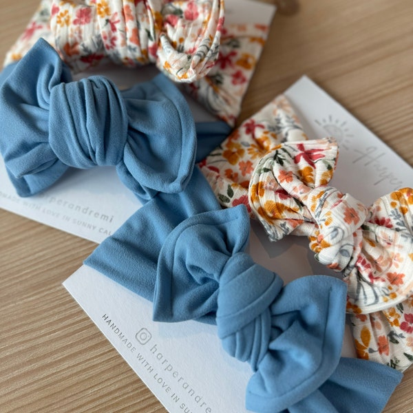 Newborn / Baby Bows, Oversized or Top Knot Options (Spring Bundle - Bright Blue Brushed, Watercolor Floral Ribbed)