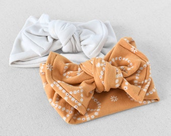 Brushed Top Knot Flat Bow Headband (White, Marigold flower peace signs print), Newborn / Baby