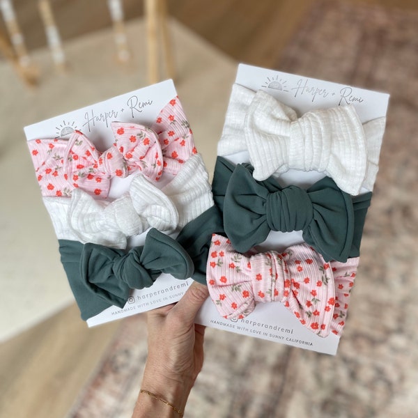 Newborn / Baby Bows, Oversized or Top Knot Options (Spring Bundle - Light Pink Ribbed Floral, Teal Brushed, White Crepe Ribbed)