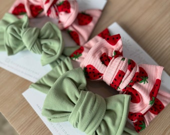 Newborn / Baby Bows, Oversized or Top Knot Options (Spring Bundle - Ribbed Strawberry Print, Keylime Green Brushed)