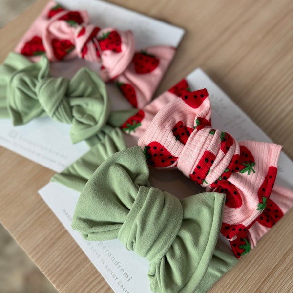 Newborn / Baby Bows, Oversized or Top Knot Options (Spring Bundle - Ribbed Strawberry Print, Keylime Green Brushed)