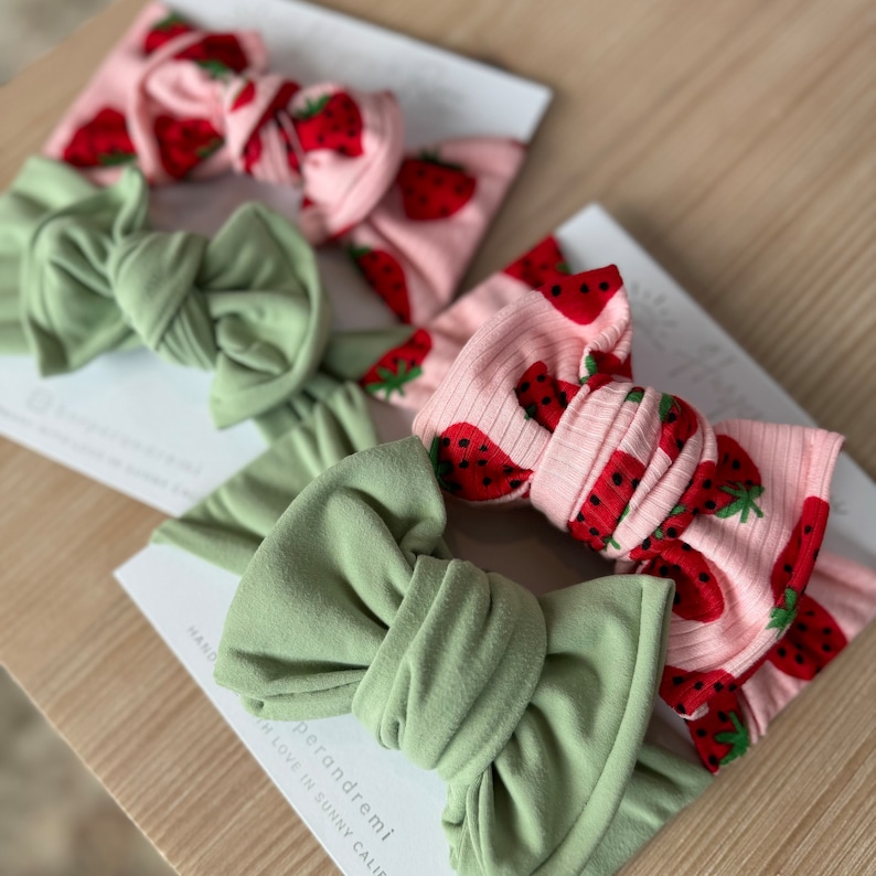 Newborn / Baby Bows, Oversized or Top Knot Options Spring Bundle Ribbed Strawberry Print, Keylime Green Brushed image 1