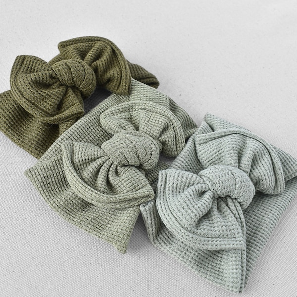 Waffle Top Knot Flat Bow Headband (Light Green, Sage, Olive), Newborn / Baby