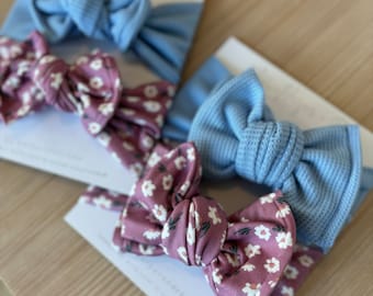 Newborn / Baby Bows, Oversized or Top Knot Options (Spring Bundle - Purple Floral Print, Bright Blue Waffle)