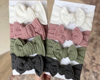 Newborn / Baby Bows, Oversized or Top Knot Options (Spring Solids Bundle - White, Mauve, Sage Green, Charcoal Honeycomb Texture)