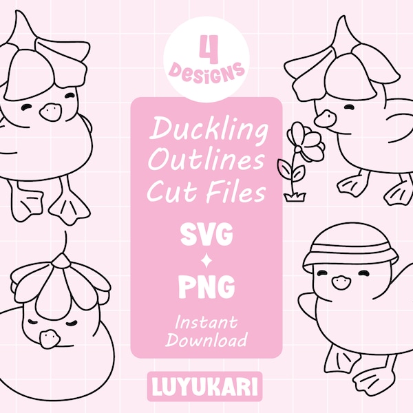 Cute duckling with flower on head outlines SVG bundle, kawaii baby duck flower hat SVG cut file for Cricut, duckling PNG clipart for crafts