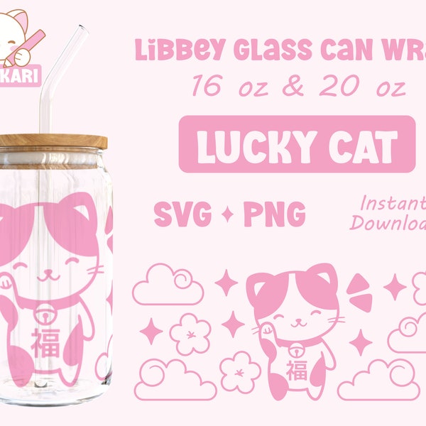 Cute lucky cat Libbey can glass cup wrap 16oz & 20oz, SVG cutfile for Cricut, PNG for sublimation, beer can glass wrap, maneki neko