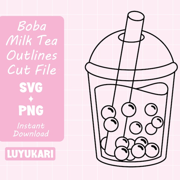 Boba milk tea outlines SVG bundle, cute bubble tea lover SVG cut file for Cricut, tapioca pearls PNG clipart for crafts, kawaii svg crafter