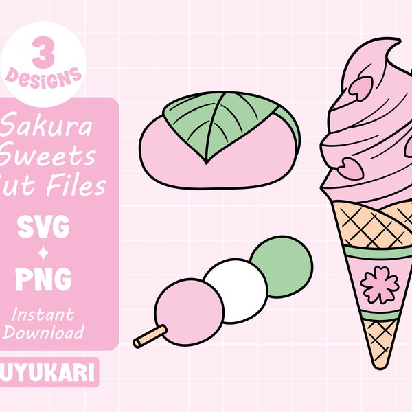 Sakura Süßigkeiten Konturen Bundle SVG, Eiscreme SVG geschnitten Datei für Cricut, Sakura PNG Clipart für Handwerk, kawaii Essen, überlagerte svg Vektor, mochi