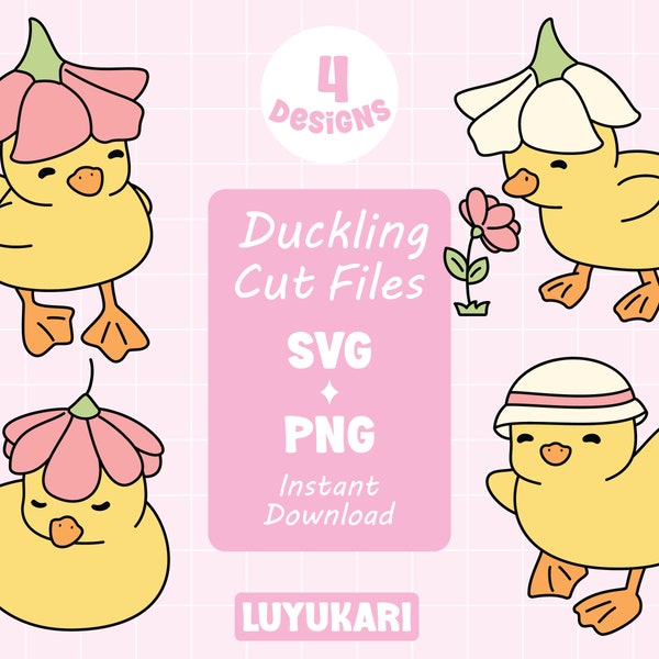 Cute duckling with flower on head SVG bundle, kawaii baby duck flower hat SVG cut file for Cricut, duckling PNG clipart for crafts