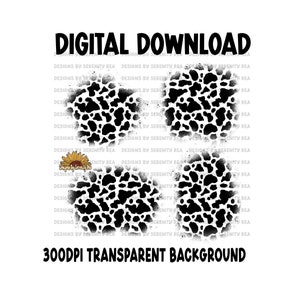 May include: Black and white cow print design with a sunflower graphic. The design is on a transparent background and is 300 DPI.