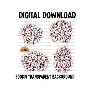 Puede incluir: Descarga digital de un diseño de béisbol y estampado de leopardo con un gráfico de girasol. El diseño tiene un fondo blanco con pelotas de béisbol rojas, negras y blancas y un estampado de leopardo. El girasol es amarillo con pétalos marrones y un tallo verde. El texto "300DPI TRANSPARENT BACKGROUND" está en la parte inferior del diseño.