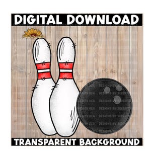 Op de afbeelding: Digitale download-afbeelding met twee witte bowlingkegels met rode strepen en een zwarte bowlingbal. De afbeelding bevat de tekst "DIGITALE DOWNLOAD" en "TRANSPARANTE ACHTERGROND".