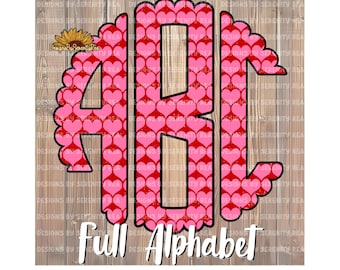 May include: A pink and red monogram with the letters A, B, and C. The letters are outlined in black and are filled with a pattern of small red hearts on a pink background. The letters are set against a woodgrain background. The text "Full Alphabet" is below the monogram.