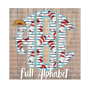 May include: A monogram design featuring the letters A, B, and C. The letters are filled with a pattern of the Cat in the Hat character from the Dr. Seuss book. The background is a woodgrain pattern.
