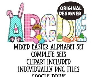 Könnte beinhalten: Ein Satz bunter Oster-Alphabetbuchstaben mit Hasen-, Karotten- und Eierdesigns. Die Buchstaben sind A, B, C, D und E. Der Text unter den Buchstaben lautet "Mixed Easter Alphabet Set Complete Sets Clipart Included Individually PNG Files Google Drive".