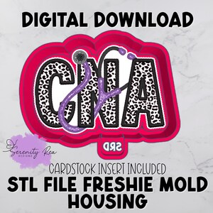 May include: A digital download graphic featuring the letters "CNA" in a bold, leopard print design, outlined in white and set against a bright pink background. A purple stethoscope is overlaid on the letters. The text "DIGITAL DOWNLOAD" and "CARDSTOCK INSERT INCLUDED" are also present.