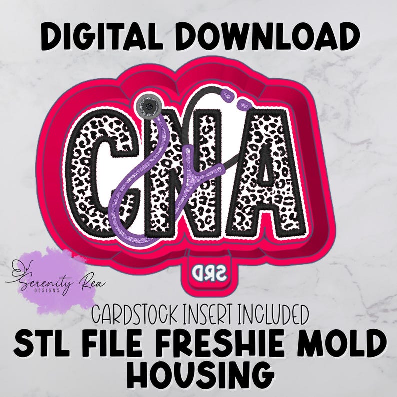 May include: A digital download graphic featuring the letters "CNA" in a bold, leopard print design, outlined in white and set against a bright pink background. A purple stethoscope is overlaid on the letters. The text "DIGITAL DOWNLOAD" and "CARDSTOCK INSERT INCLUDED" are also present.