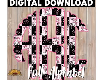 Alfabeto con monograma de muñeco de nieve rosa / Marco navideño festoneado (Descarga digital)