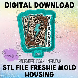May include: Digital download featuring a turquoise-edged mold with two playing cards. The cards have a leopard print design, a turquoise lightning bolt, and the word "WILD CARD". The text "CARDSTOCK INSERT INCLUDED" is also visible.