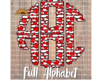 May include: A monogram design featuring the letters A, B, and C. The letters are outlined in black and filled with a pattern of red hearts on white and black stripes. The letters are surrounded by a white scalloped border. The text "Full Alphabet" is written below the monogram.