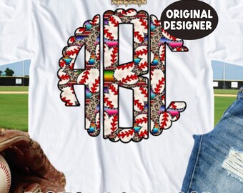May include: White t-shirt with a monogram design featuring the letters "ABC" in a circle. The circle is filled with a pattern of baseballs with red stitching and a variety of colorful stripes and leopard print. The text "ORIGINAL DESIGNER" is in a black box in the upper right corner of the image. The text "DIGITAL DOWNLOAD" is at the bottom of the image.