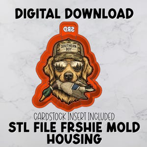 May include: An orange-outlined graphic featuring a golden retriever wearing sunglasses and a hat that says "Southern Boy." The dog is holding a duck in its mouth. The words "DIGITAL DOWNLOAD" and "CARDSTOCK INSERT INCLUDED" are at the top and bottom.