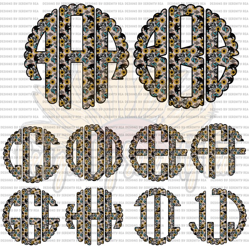 Cowboy Boots & Sunflowers Scallop Monogram Alphabet Letters Round ...