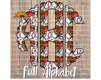 May include: A monogram design featuring the letters A, B, and C. The letters are filled with a pattern of baseballs, bats, and gloves. The background is a woodgrain pattern. The text "Full Alphabet" is below the monogram.