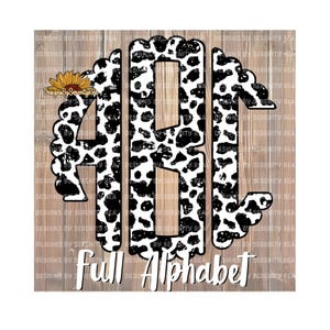 May include: A black and white cow print monogram with the letters ABC. The monogram is in a circle with a scalloped edge. The background is a wood grain pattern. The text "Full Alphabet" is below the monogram.