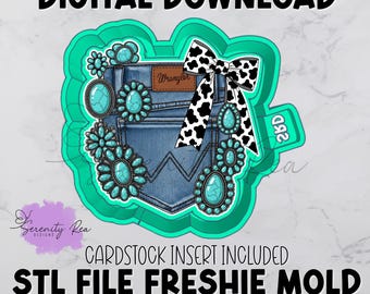 May include: A turquoise and denim-themed digital download design. The design features a denim pocket with turquoise embellishments, a cow print bow, and the Wrangler logo. The text "DIGITAL DOWNLOAD" and "CARDSTOCK INSERT INCLUDED" are visible.
