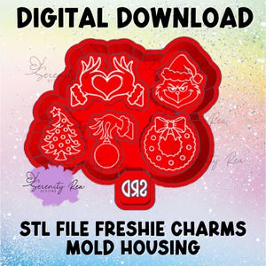 May include: A red digital download STL file for freshie charms mold housing featuring white line art icons of a heart-shaped hand gesture, a grumpy character face, a decorated Christmas tree, a hand holding an ornament, and a wreath with the text SRD.