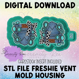 May include: Digital download of a turquoise and denim-themed mold housing for freshie vent. The design includes cow print bows, turquoise accents, and the Wrangler logo. The text "CARDSTOCK INSERT INCLUDED" is also visible.