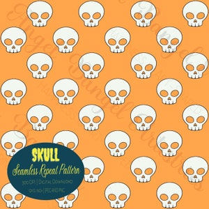 Könnte beinhalten: Ein nahtloses sich wiederholendes Muster mit weißen Schädeln auf orangefarbenem Hintergrund. Das Muster ist 12x12 Zoll groß und als digitaler Download in den Formaten JPEG und PNG verfügbar.
