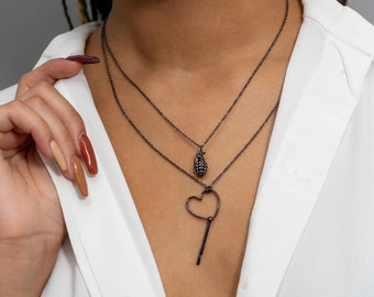 Valerien Heart and Grenade Pin Necklace | Anti-war Layering Necklace |  Open Heart Necklace | Love Necklace | Unique Unusual Necklace