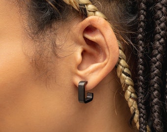 Sosno Square Black Huggie Hoops Earrings | Minimalist Earrings | Small Dainty Huggies |  Geometric Earrings |  Square Punk Earrings