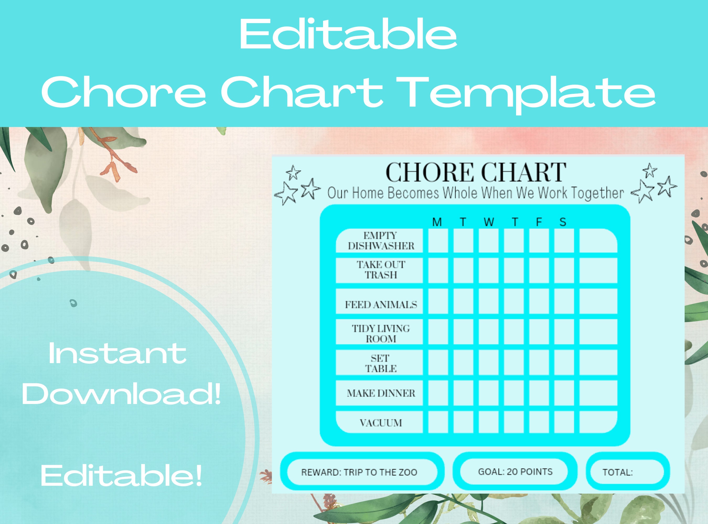 Printable Editable Chore Chart Template Simple Chore Tracker Template