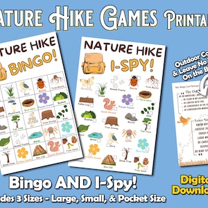 May include: Printable nature hike games, including Bingo and I-Spy, with illustrations of butterflies, birds, and trees. The set includes three sizes: large, small, and pocket size. The digital download also includes an outdoor code and leave no trace guidelines.