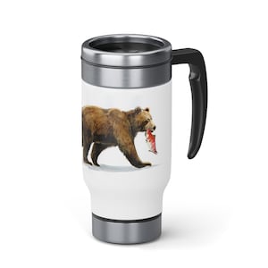 Bear With Fish | Bear Coffee Mug | Bear Travel Mug | 14oz Stainless Steel Travel Mug with Handle