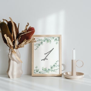 Modern Eucalyptus Table Numbers Wedding 5x7 inch digital download for weddings and events