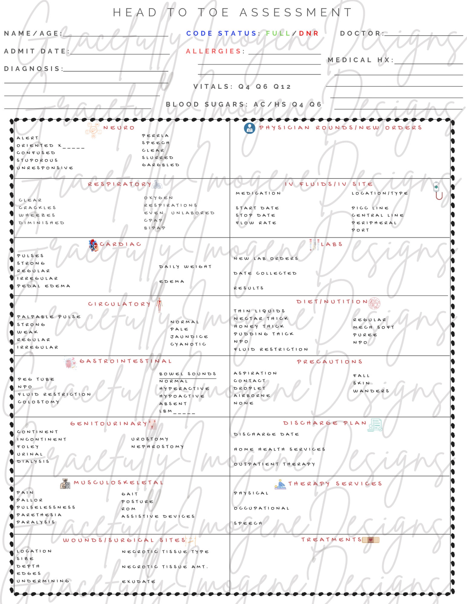Nursing Report Sheet, Head to Toe Assessment, LPN, RN, Healthcare ...