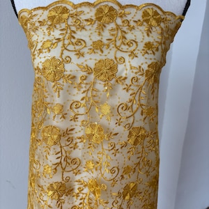 Canary yellow lace fabric double scalloped embroidery sequence width 49&quot;. Design 04331279. shop with confidence ask fro free sample.